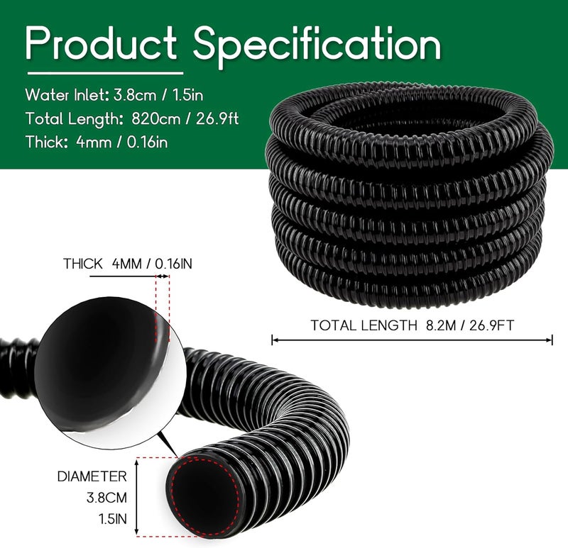 Longrun Pond Tubing 1.5 Inch 1-1/2'' Diameter, 26.9 ft Long Corrugated Flexible Hose Pipe with Clamps Pipe Fittings, Pool PVC Tube for Garden Ponds Waterfalls Camping Caravans Filters Drainage Marine - Image 2